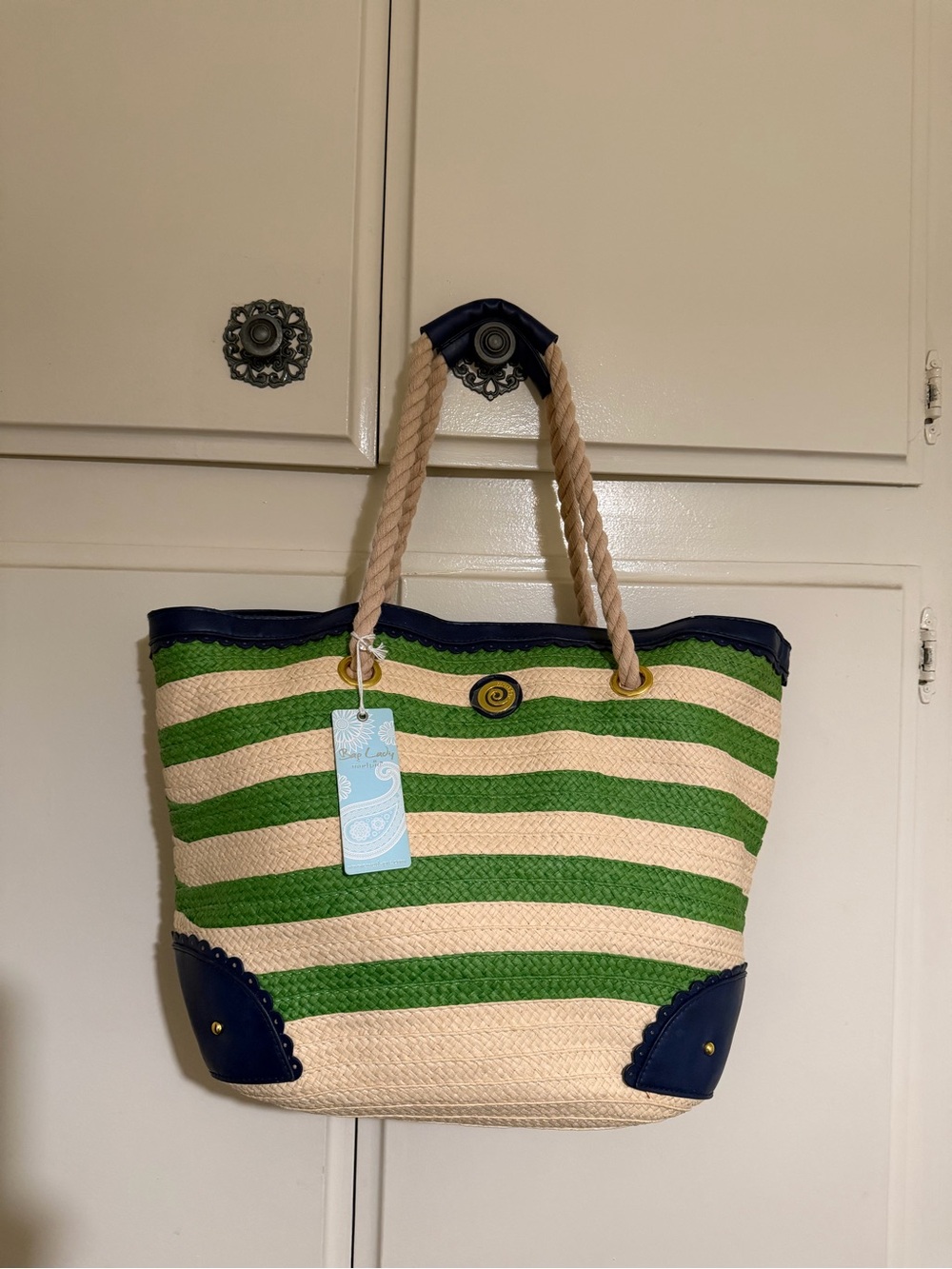 Striped Green & Cream Rope-Handle Tote with Navy Trim